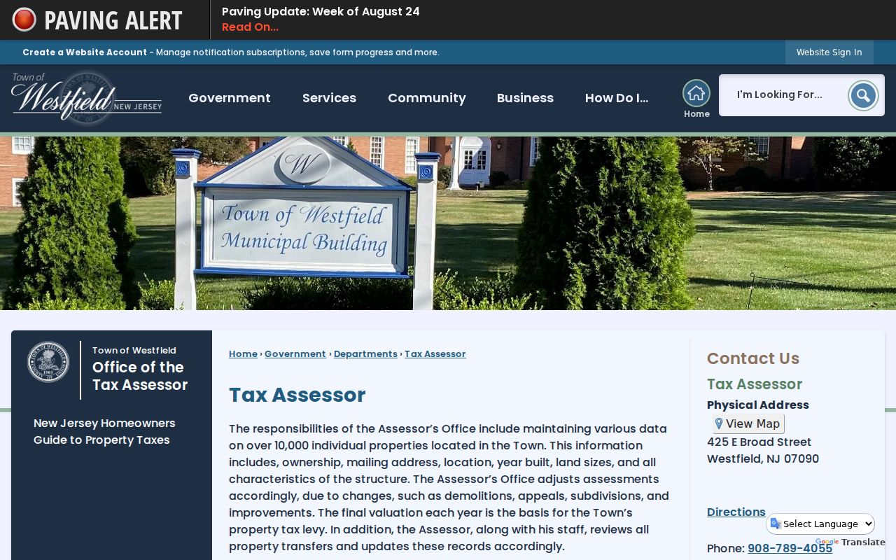 Westfield residents directory Tax Assessor page