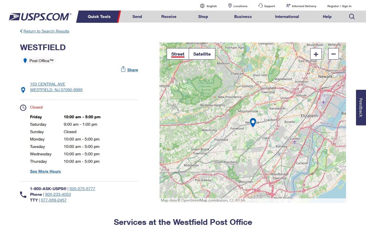 Westfield ZIP code directory USPS post office anchor